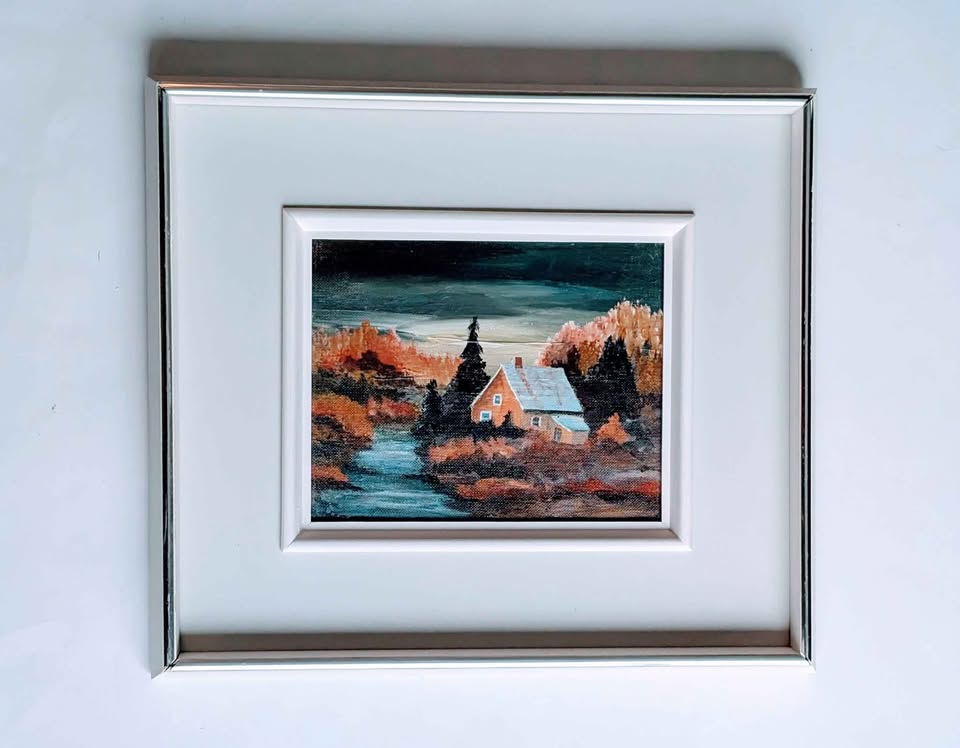 Original Oil Painting of Autum Cottage in Wood Frame