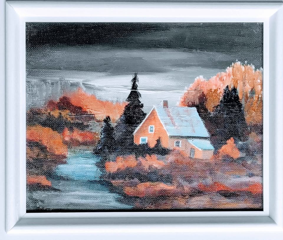 Original Oil Painting of Autum Cottage in Wood Frame