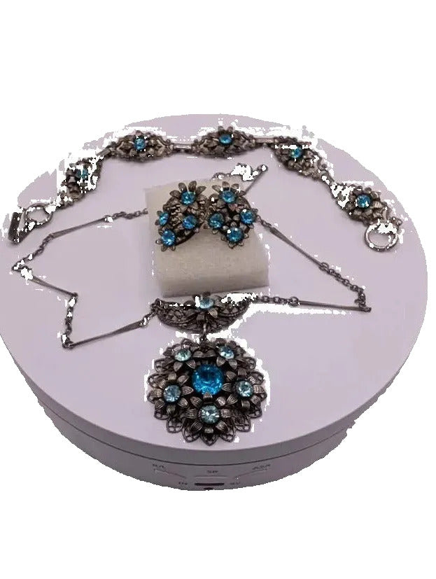 Sparkling Bright Blue Antique Crystal Flower Jewelry Set