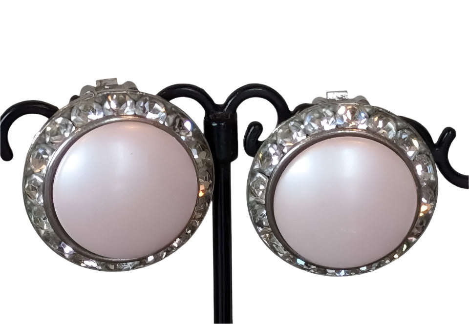 VTG CORO Blush Pink Enamel and Rhinestone clip-on earrings, Signed