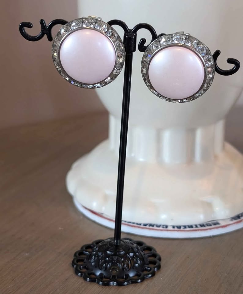 VTG CORO Blush Pink Enamel and Rhinestone clip-on earrings, Signed
