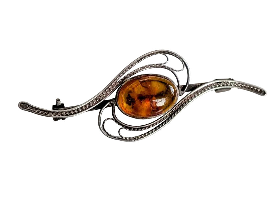 VTG Filigree Silver and Natural Amber Brooch