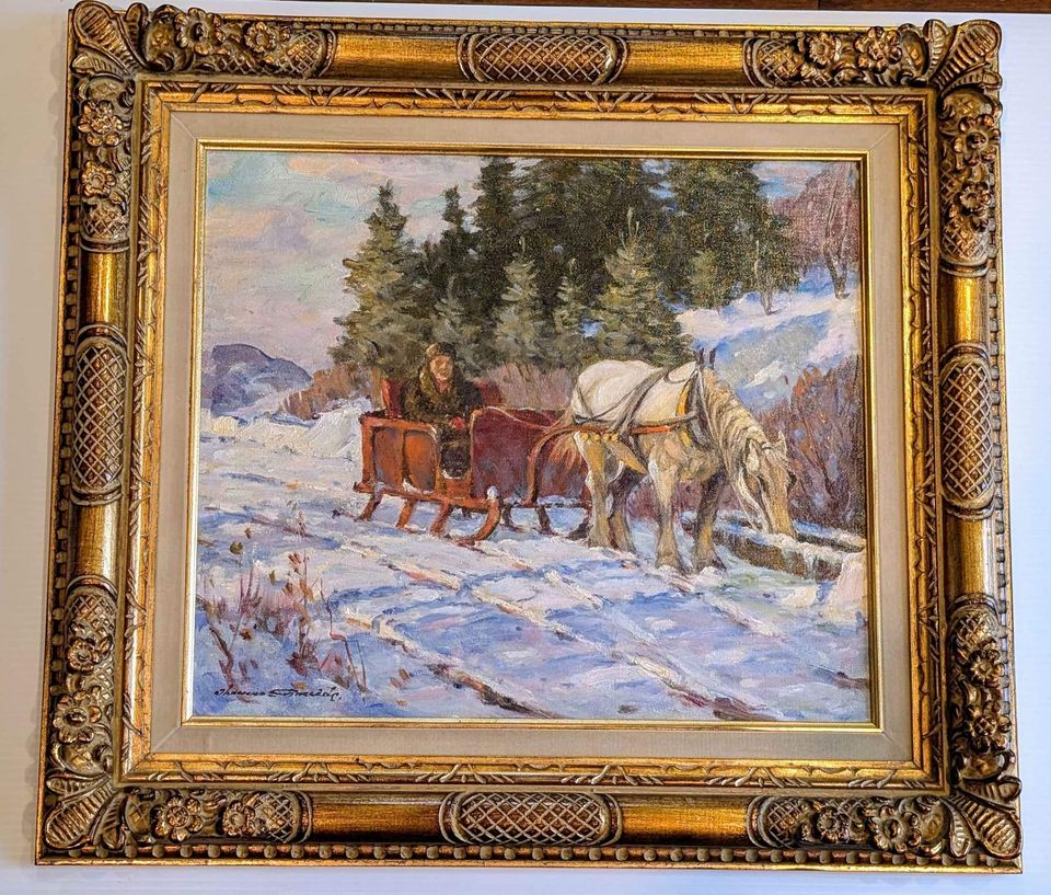 Thomas Hilton Garside RCA, Oil Painting Winter Sleigh Ride in Gorgeous Antique Frame