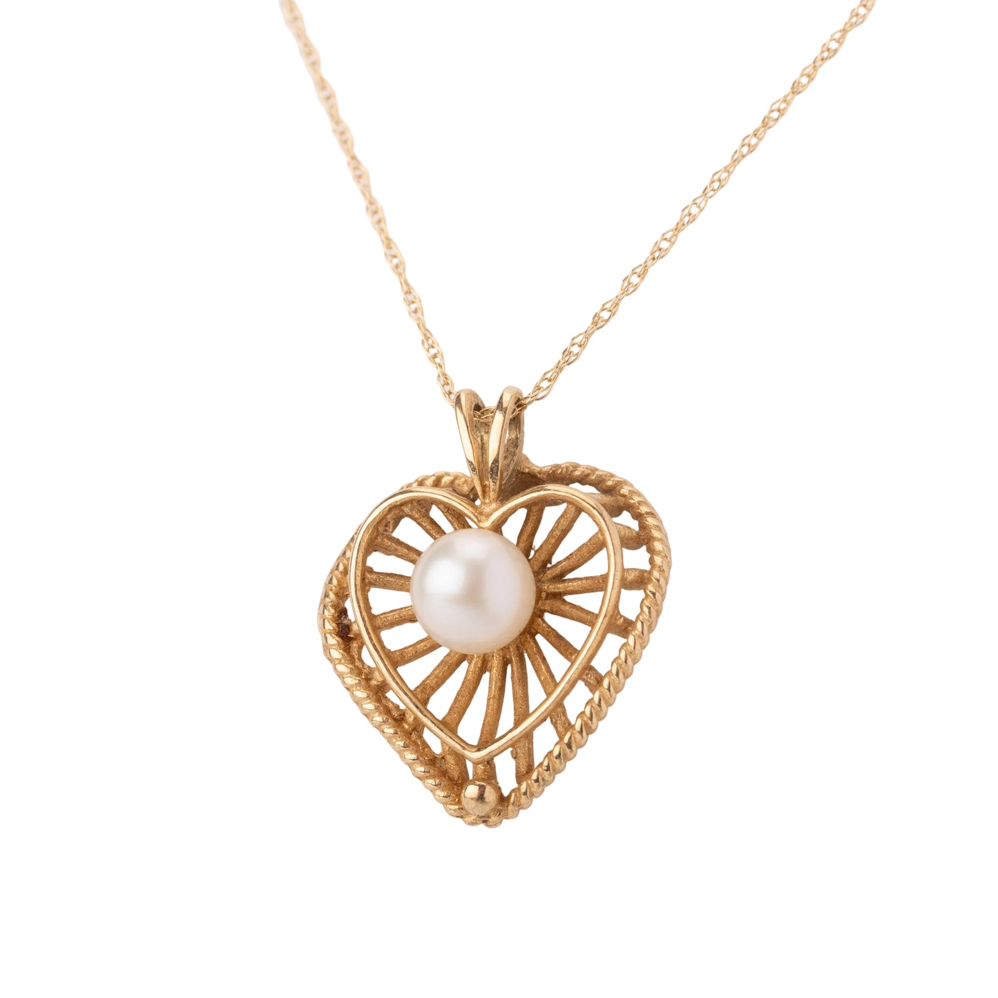 14K Yellow Gold & Pearl Heart Shaped Pendant Necklace