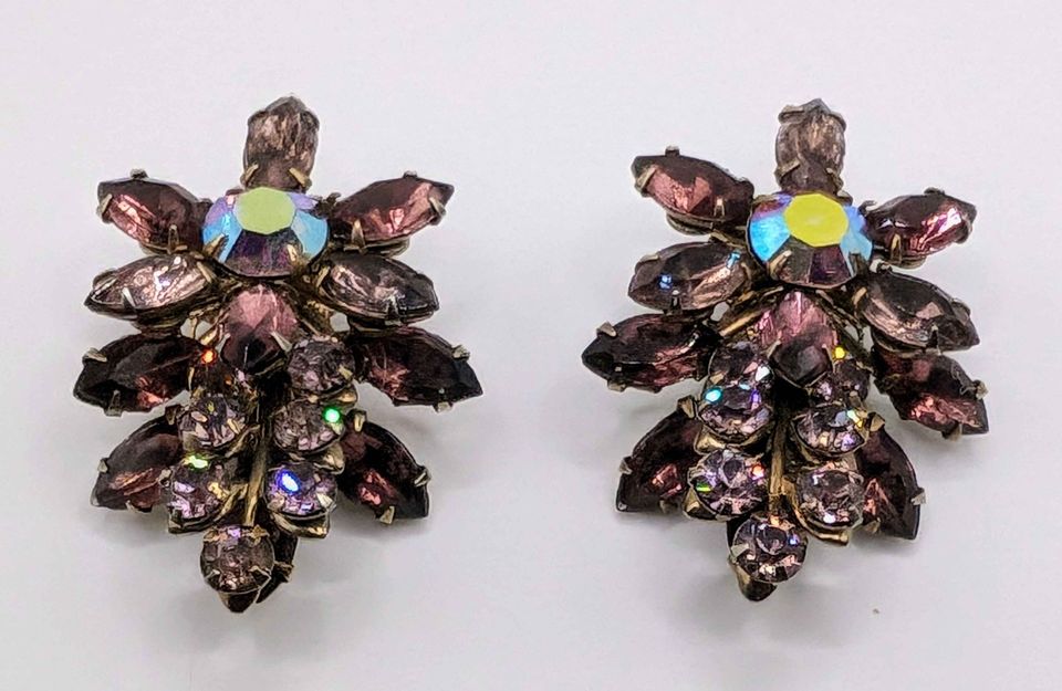 VTG Lavender crystal flower clip on earrings