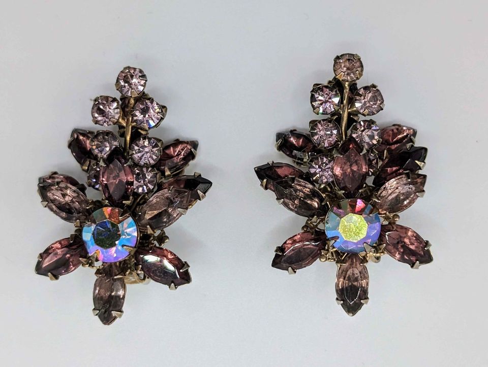 VTG Lavender crystal flower clip on earrings
