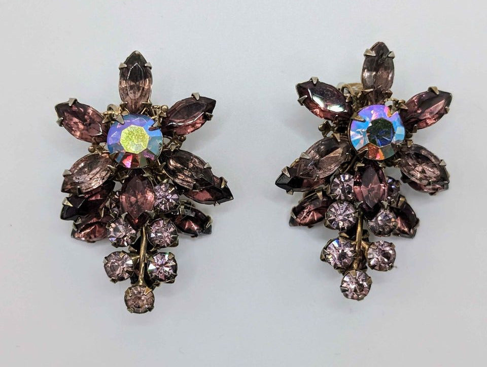 VTG Lavender crystal flower clip on earrings