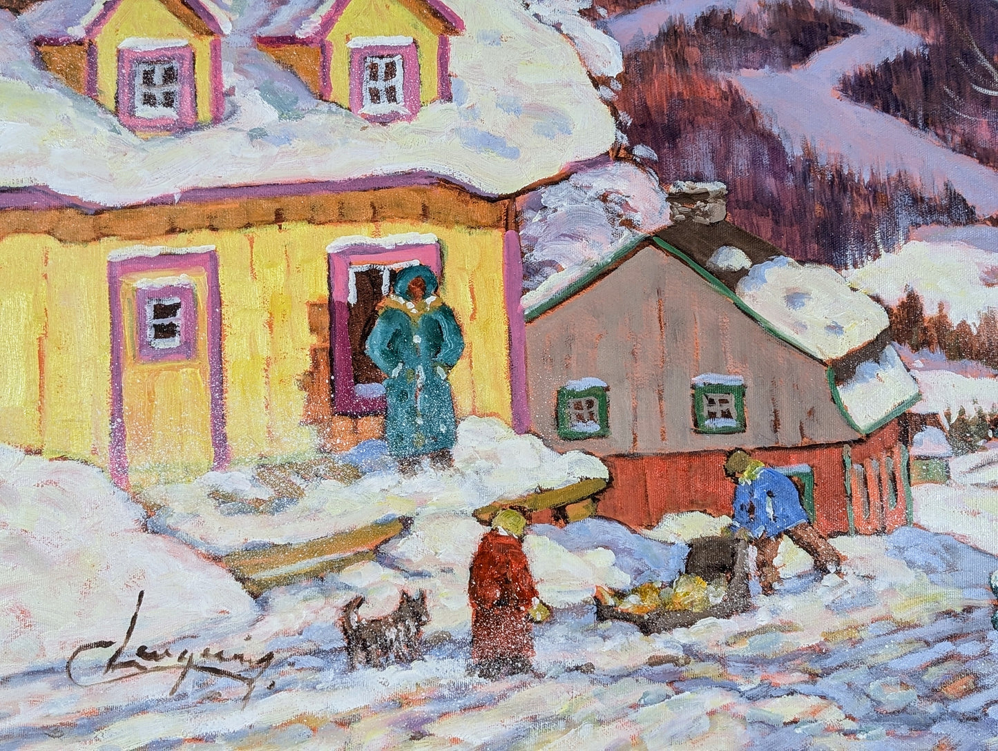 Claude Langevin, Colourful oil painting, "Plaisir De L'Hiver"- Canadian Art