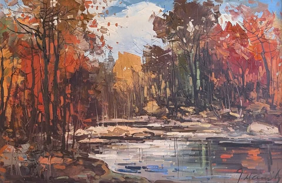 Geza Gordon Marich, Large Oil Painting of Autumn Trees near the Water