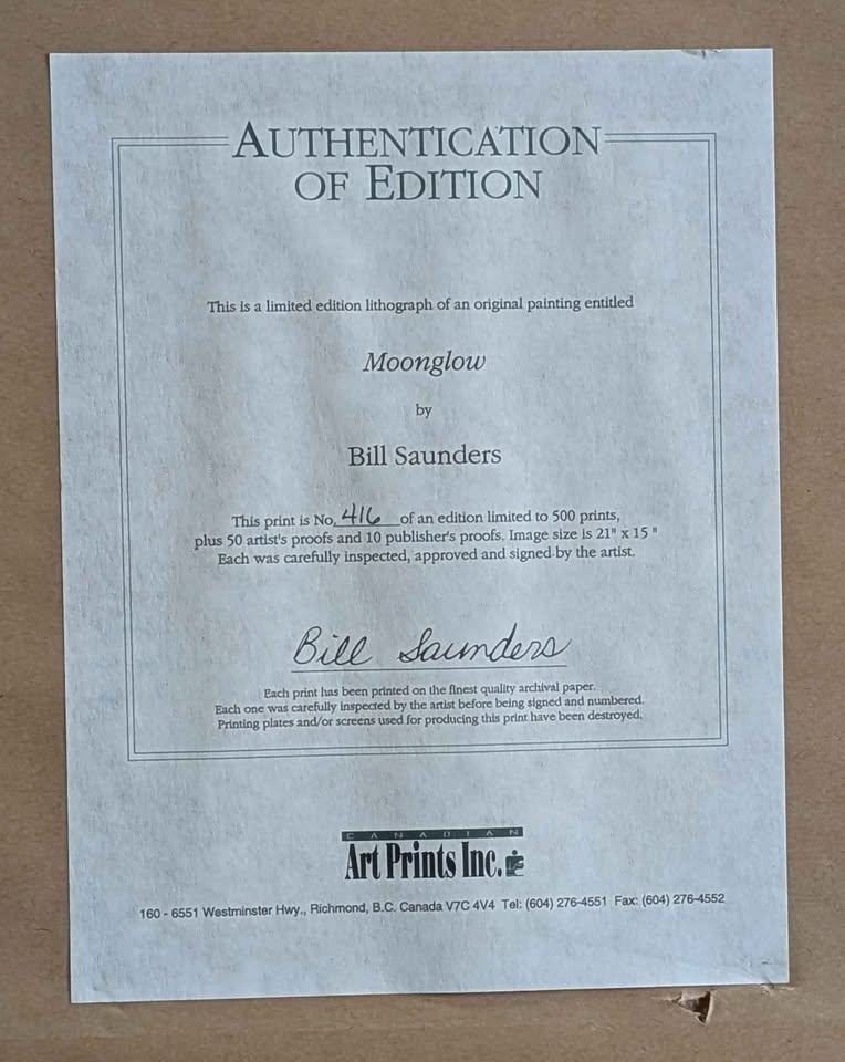 "Moonglow" Lg William (Bill) Saunders, Hand Signed & Numbered Print, with COA