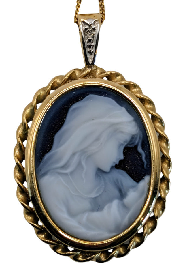 VTG Italian 10k gold & Diamond Necklace; Mother and Child Cameo on black agate - Rare Find!