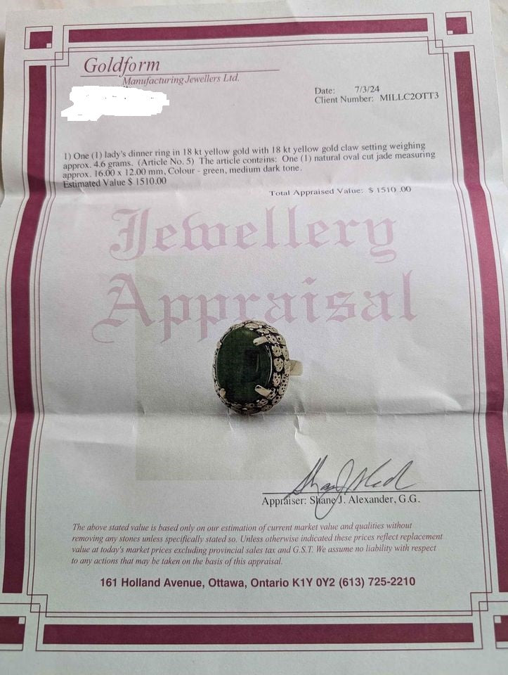 18K GOLD NEPHRITE JADE RING, size 7.14, Stamped, COA Included