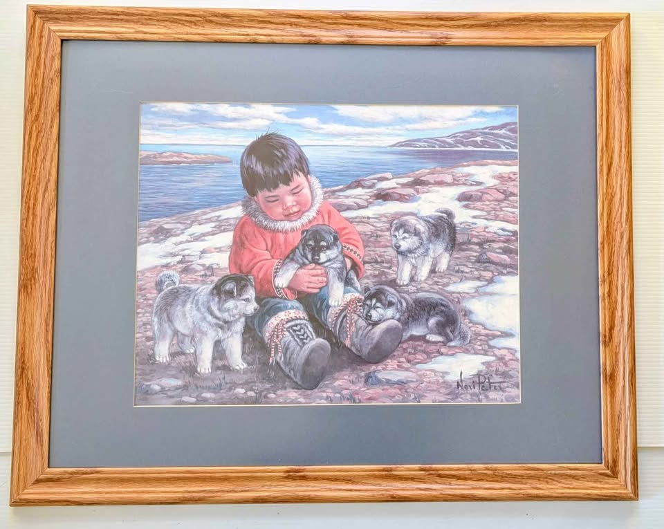 Nori Peter, Decorative Art Print of Child and Husky Puppies - Canadian Art