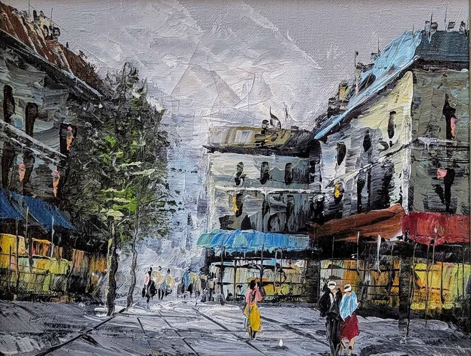 Framed Original Oil Painting of Colourful Urban Street Scene
