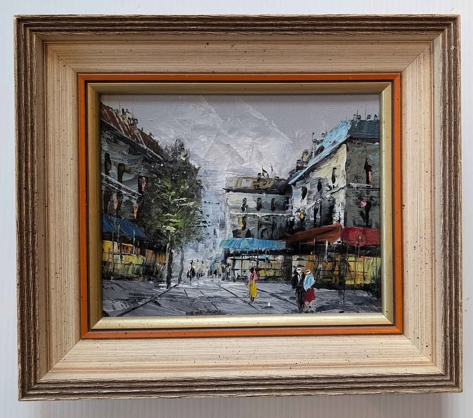 Framed Original Oil Painting of Colourful Urban Street Scene
