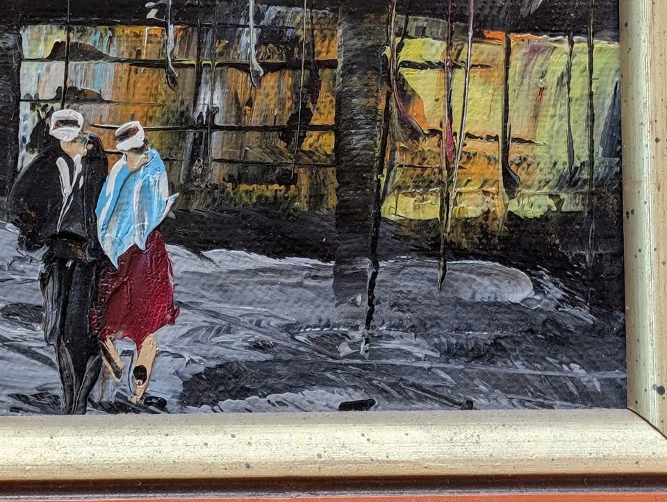 Framed Original Oil Painting of Colourful Urban Street Scene