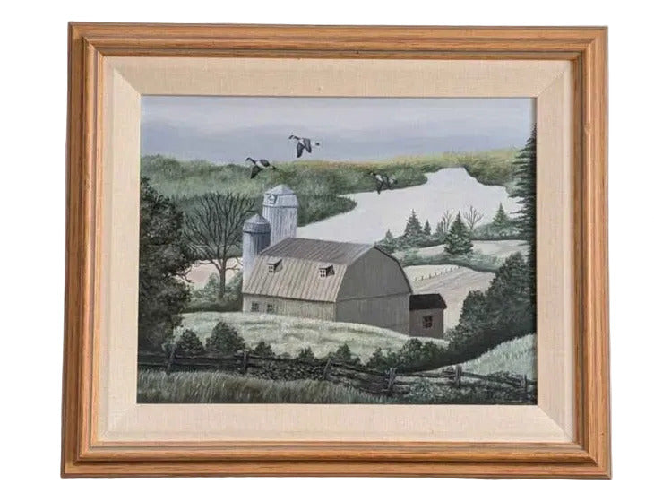 Signed Folk Art - Original Painting of a Farm by the River