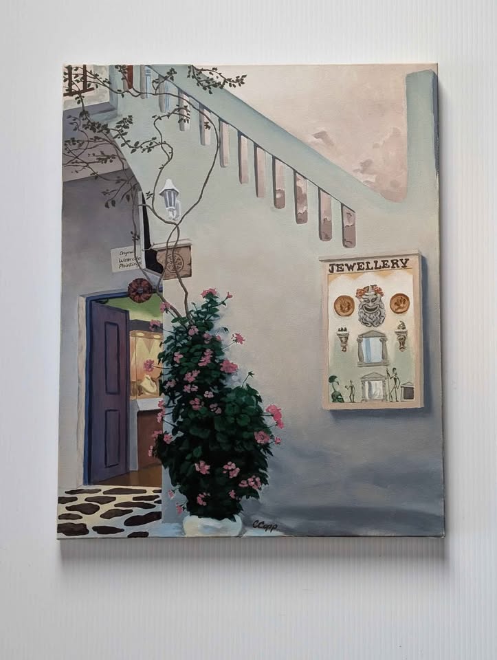 "Jewelry Store in Mykonos" Unframed 20x16 Painting, Signed CCopp