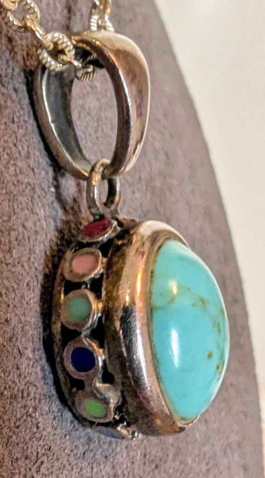 VTG Turquoise Pendant Stamped Thailand 925, on 18" Sterling Chain