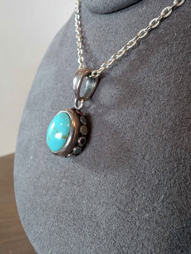 VTG Turquoise Pendant Stamped Thailand 925, on 18" Sterling Chain
