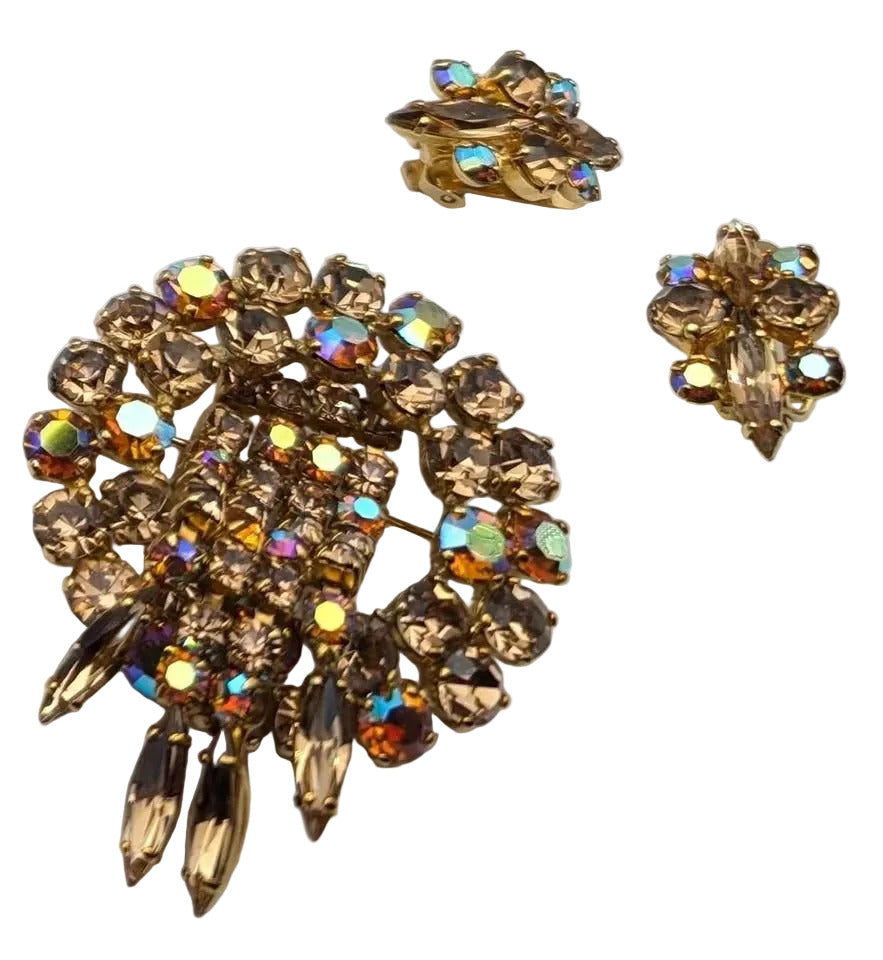 Amber Waterfall; Vintage Amber AB Crystal Brooch & Earring Set