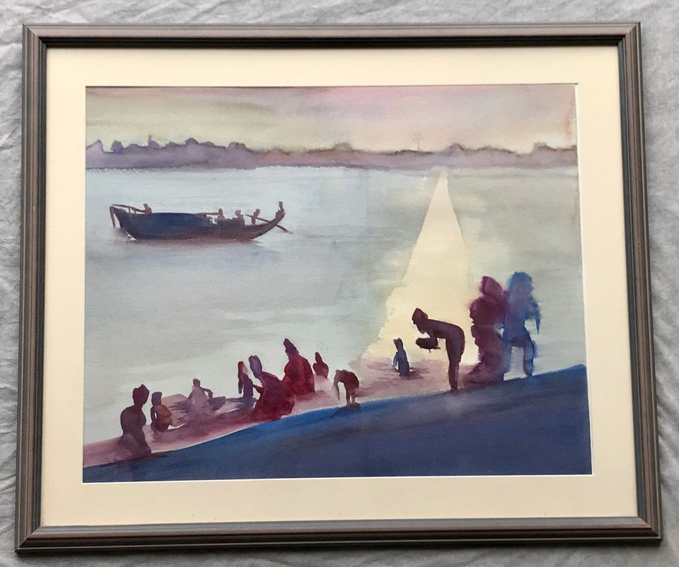 Watercolour Painting of Bathers at the Shoreline