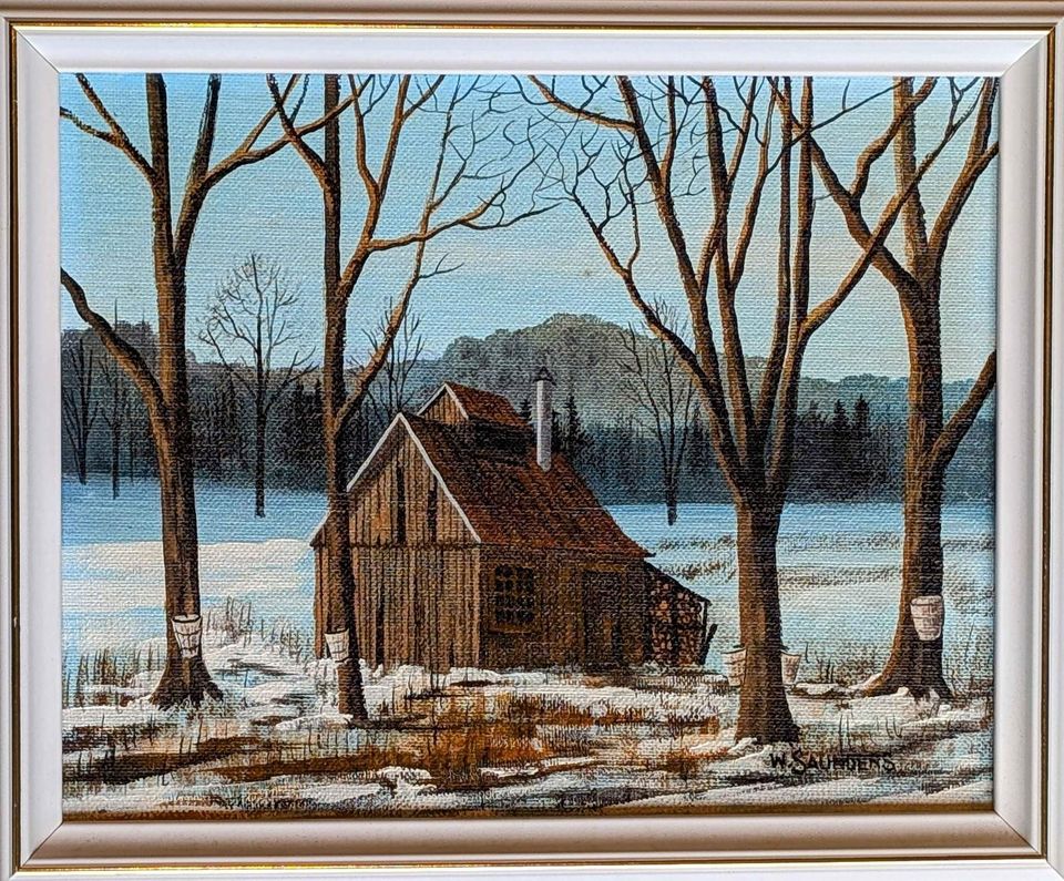 Bill (William) Saunders, Original painting of Sugar Shack in Winter - Canadian Art
