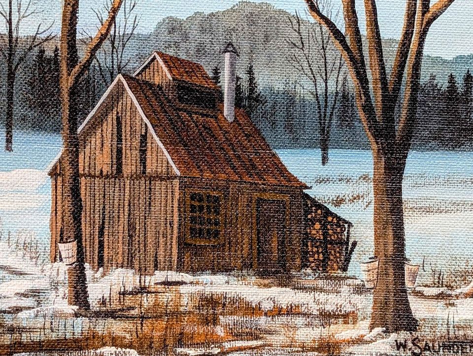 Bill (William) Saunders, Original painting of Sugar Shack in Winter - Canadian Art