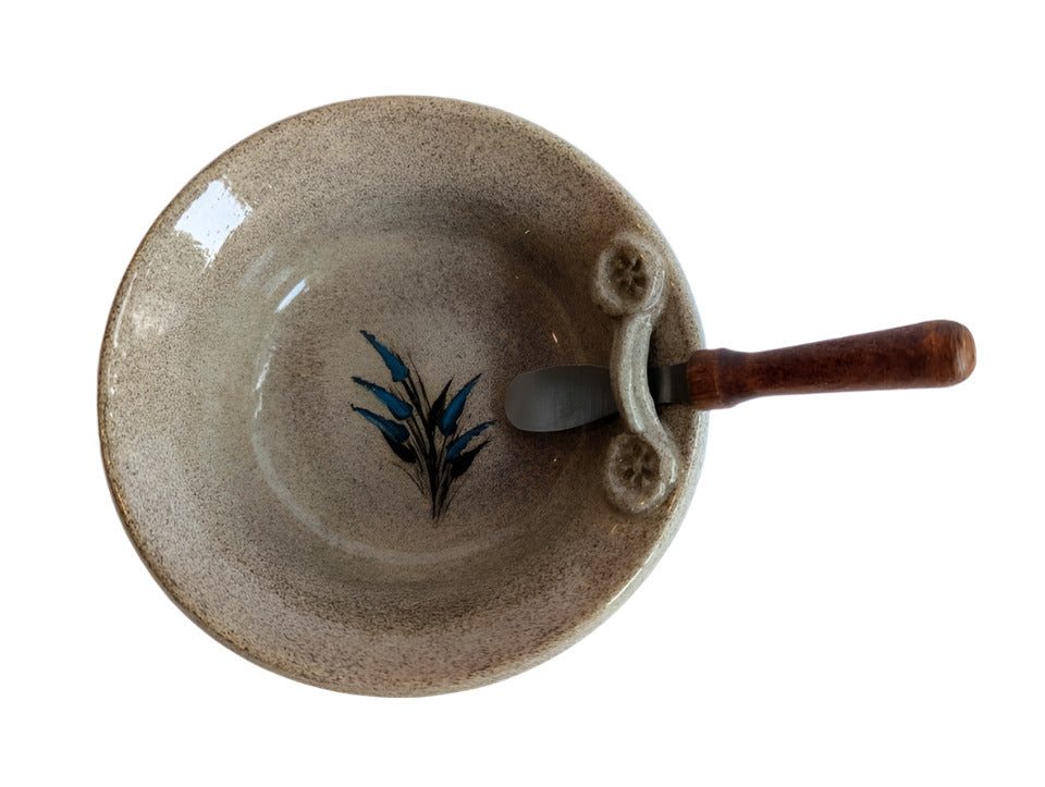 VTG Pottery Condiment dish and Spreader, blue flower design
