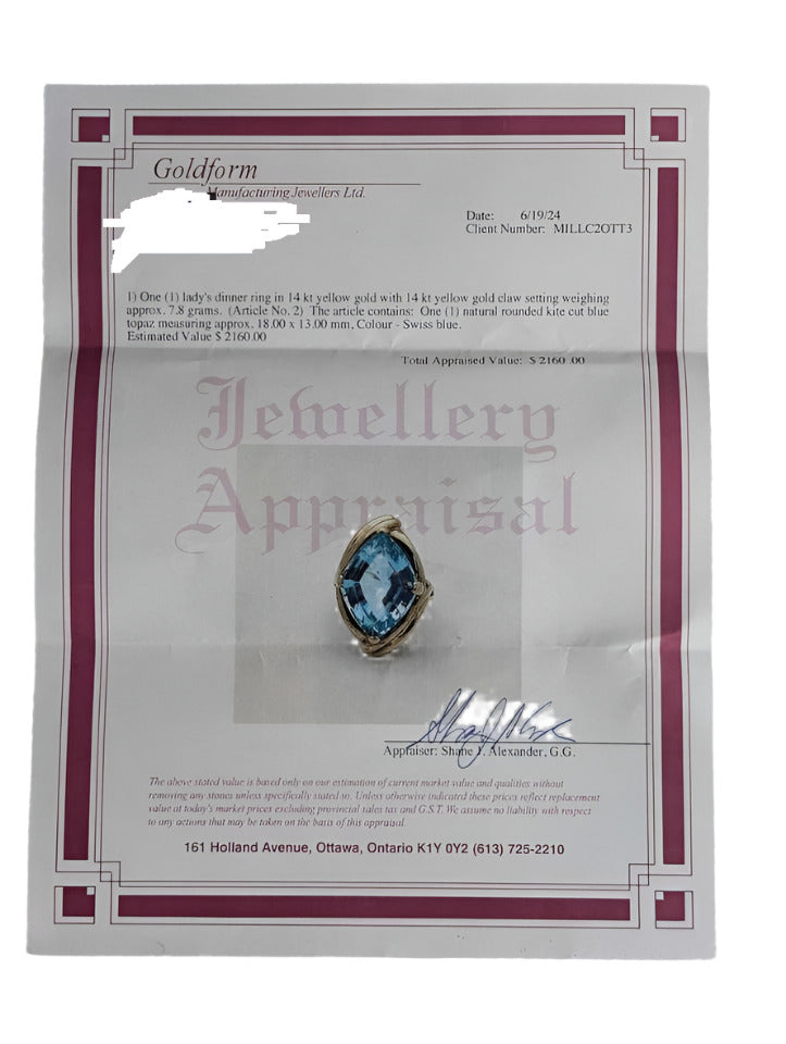 VTG Sparkling Swiss Blue Topaz & 14K Gold Cocktail Ring, Size 4, COA Included