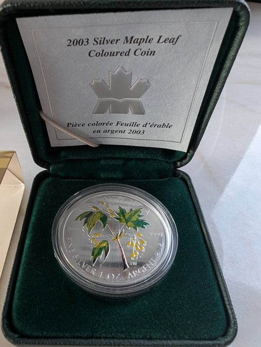 Silver Maple Leaf Coloured Coin (2003) in Case with COA