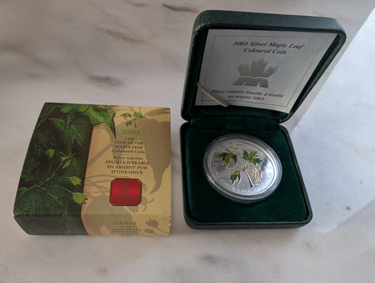 Silver Maple Leaf Coloured Coin (2003) in Case with COA