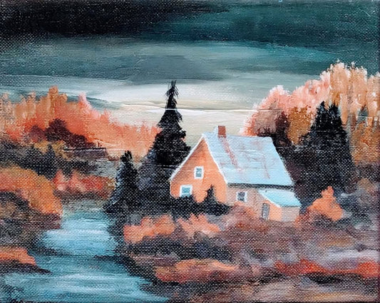 Original Oil Painting of Autum Cottage in Wood Frame