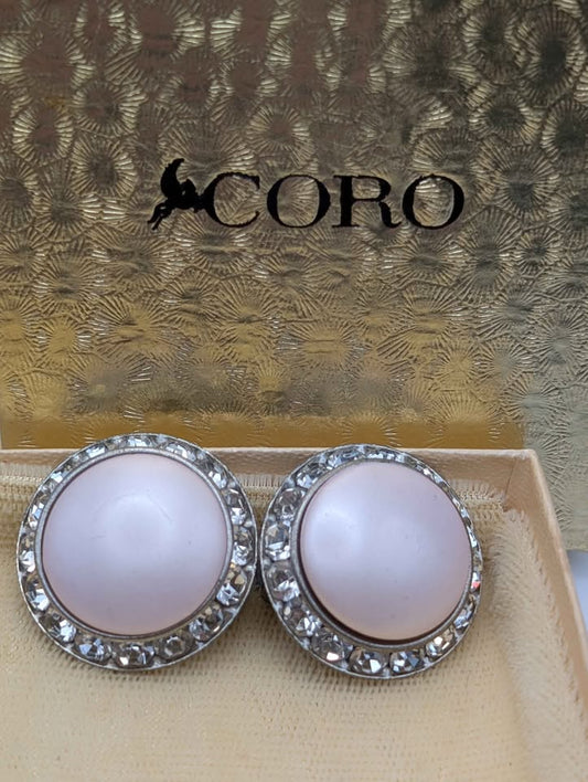 VTG CORO Blush Pink Enamel and Rhinestone clip-on earrings, Signed