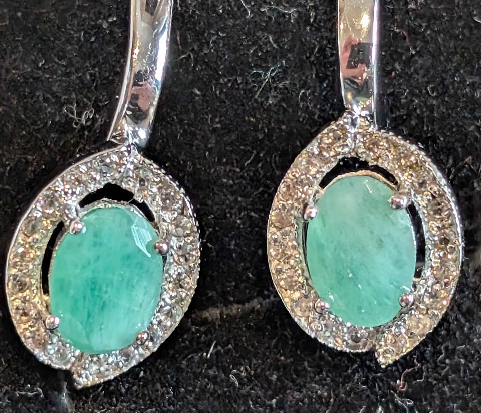 VTG Emerald Earrings in stamped Sterling, decorated with Cubic Zirconiums