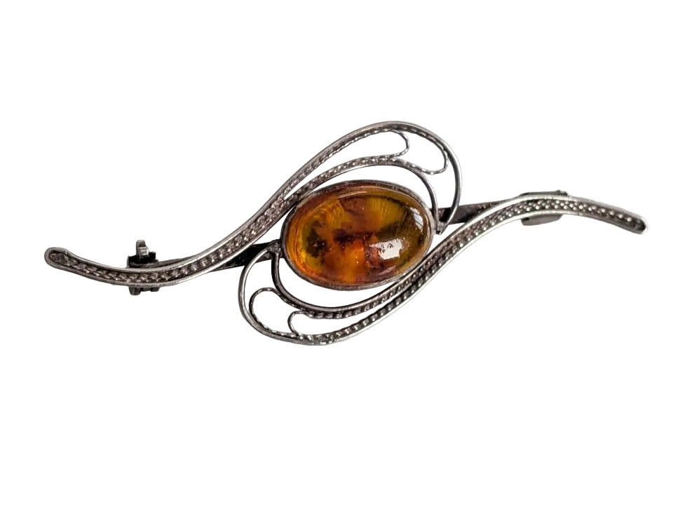 VTG Filigree Silver and Natural Amber Brooch
