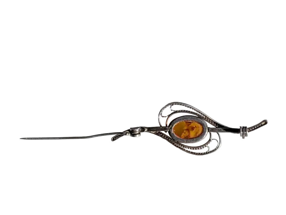 VTG Filigree Silver and Natural Amber Brooch