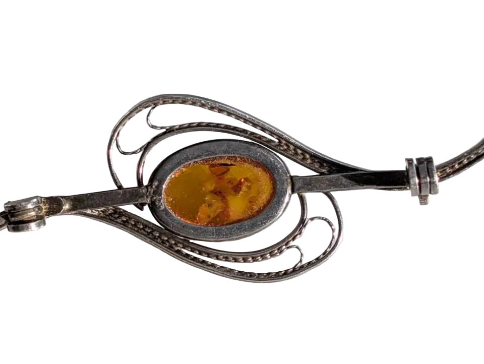 VTG Filigree Silver and Natural Amber Brooch
