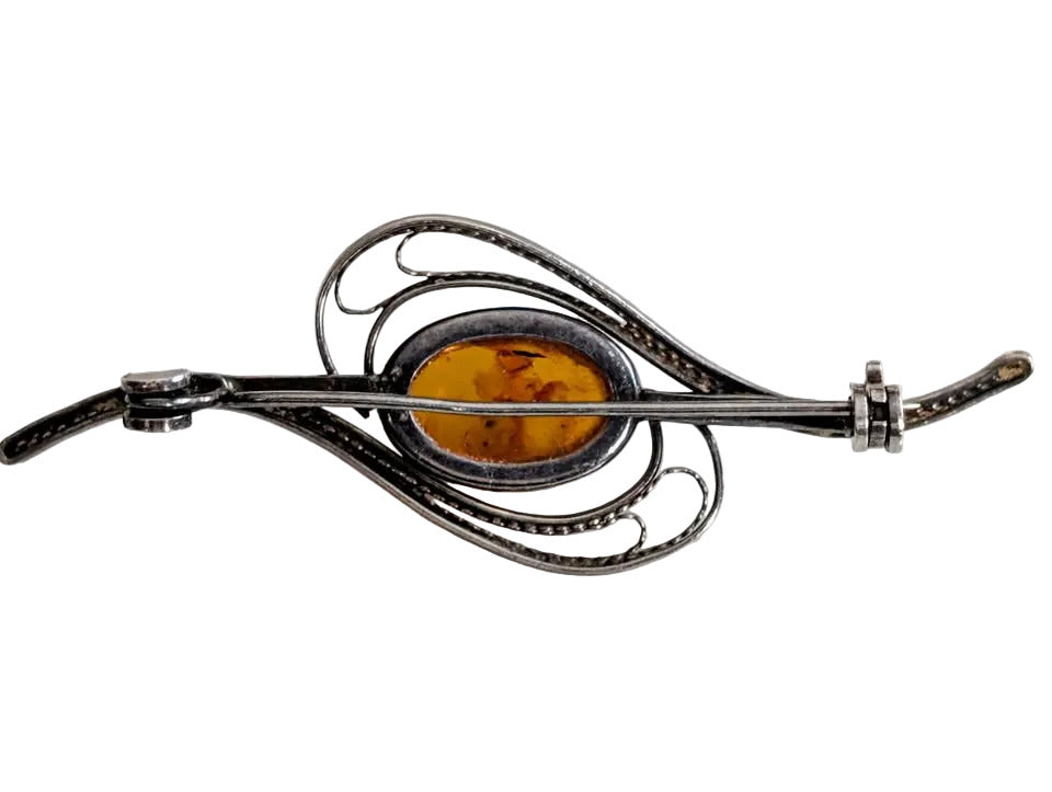 VTG Filigree Silver and Natural Amber Brooch