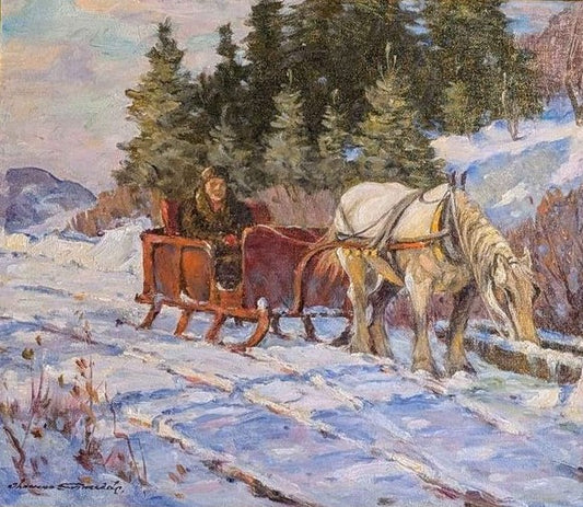 Thomas Hilton Garside RCA, Oil Painting Winter Sleigh Ride in Gorgeous Antique Frame