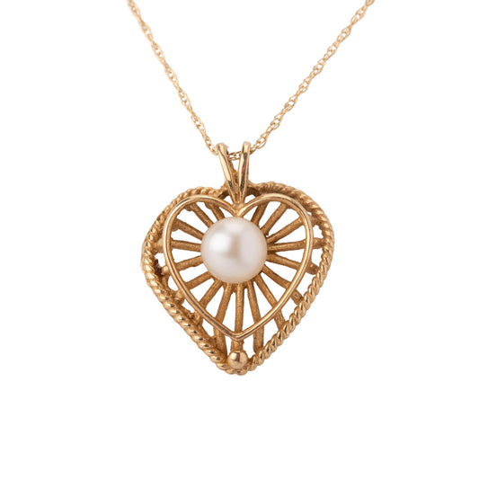 14K Yellow Gold & Pearl Heart Shaped Pendant Necklace