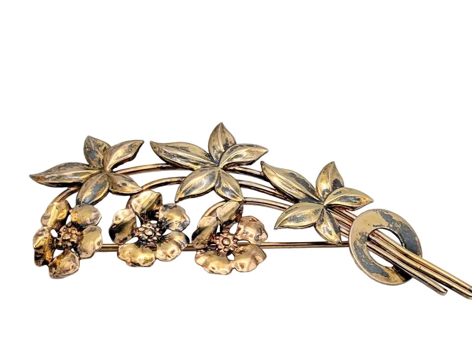 Gold Plated Vintage Flower Brooch Stamped 12k