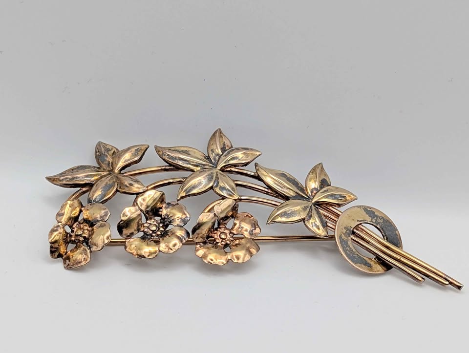 Gold Plated Vintage Flower Brooch Stamped 12k