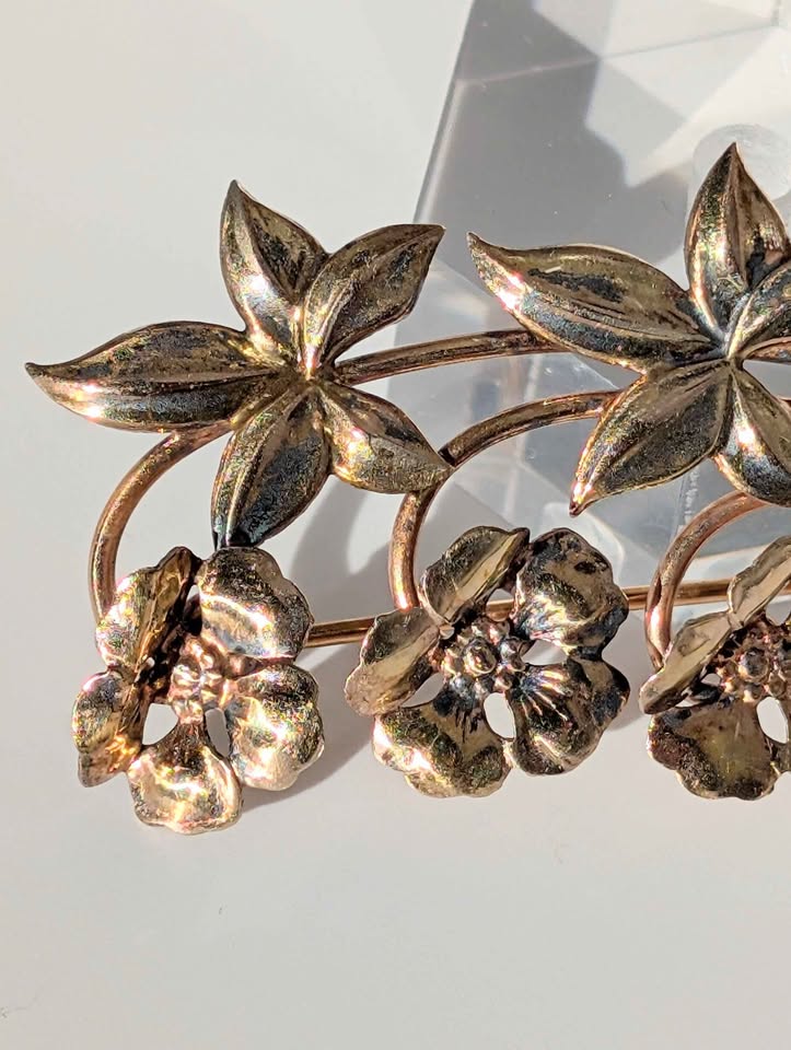 Gold Plated Vintage Flower Brooch Stamped 12k