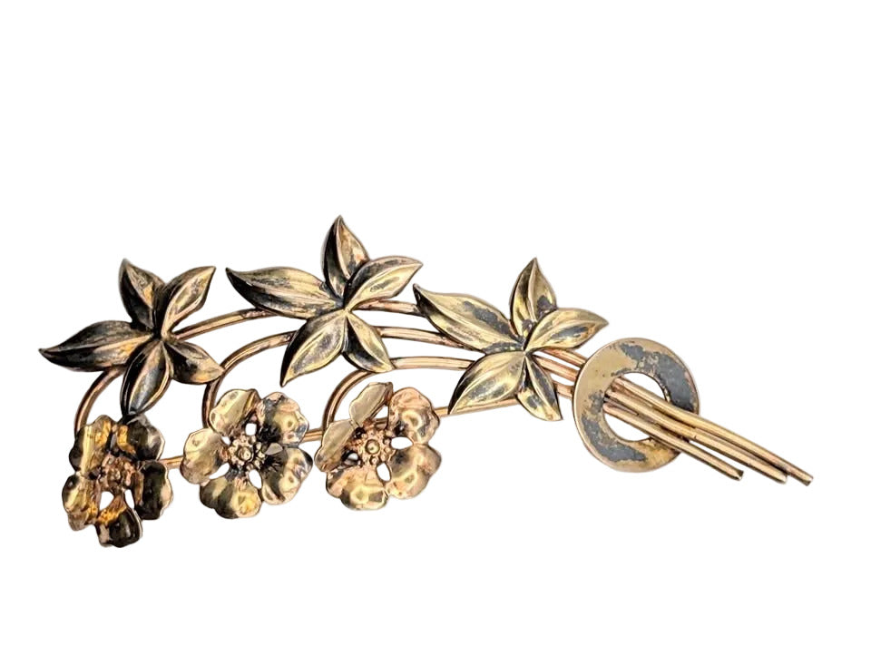 Gold Plated Vintage Flower Brooch Stamped 12k
