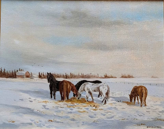 Heinz Pundlier Oil Painting, "Our Horses on Winter Pasture"