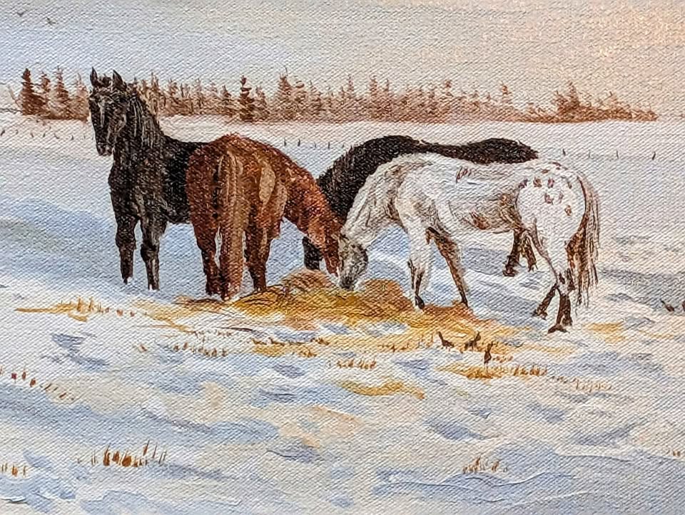 Heinz Pundlier Oil Painting, "Our Horses on Winter Pasture"