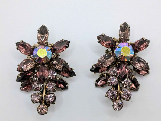 VTG Lavender crystal flower clip on earrings
