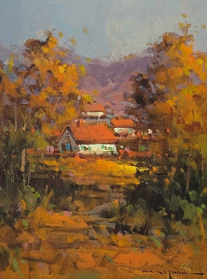Mostafa Keyhani Original Oil Painting, Autumn Cottages - Iranian Canadian Artist