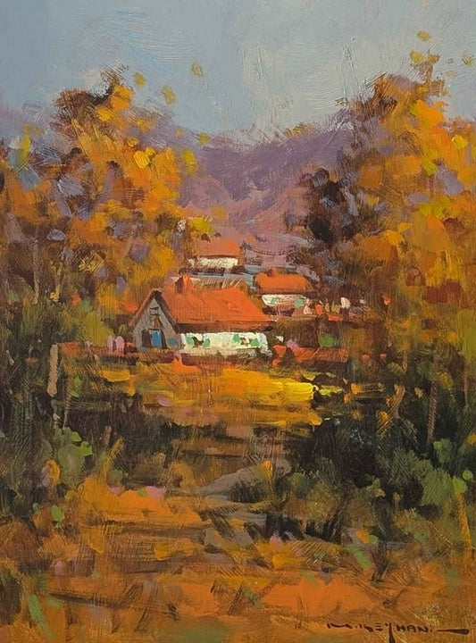 Mostafa Keyhani Original Oil Painting, Autumn Cottages - Iranian Canadian Artist